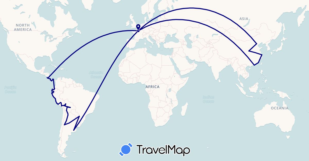 TravelMap itinerary: driving in Argentina, Bolivia, China, Costa Rica, Ecuador, France, Hong Kong, Panama, Peru (Asia, Europe, North America, South America)